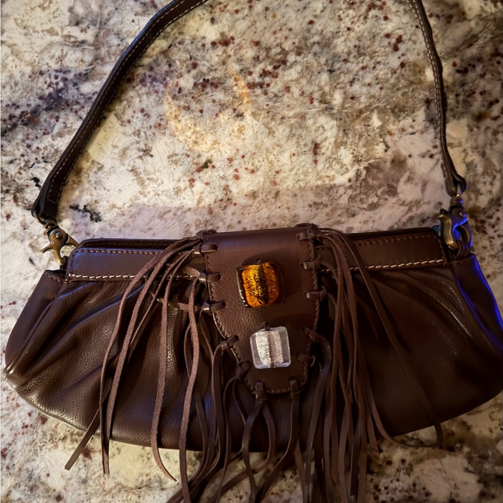 Donald J. Pliner Dark Brown Fringe Shoulder Bag